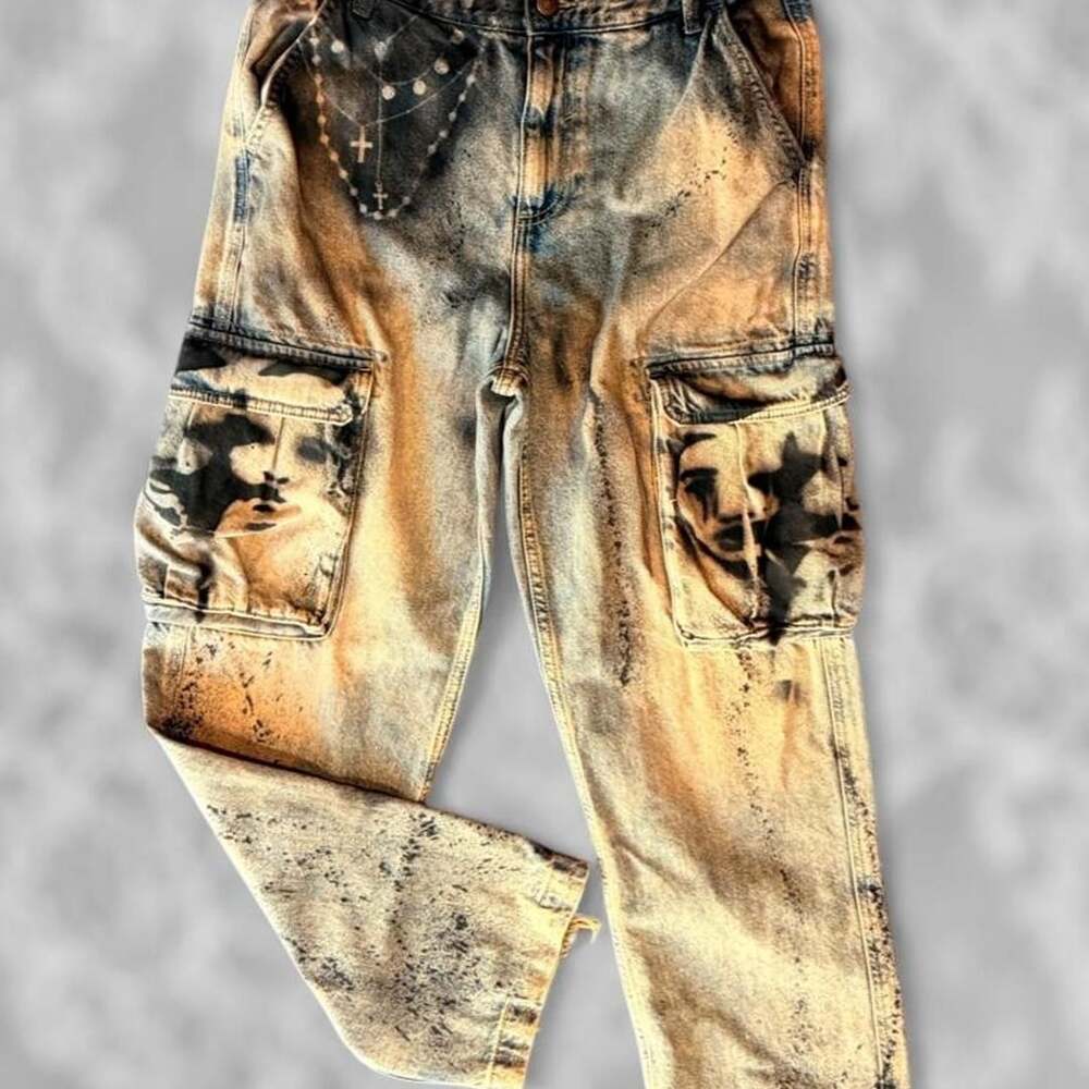 Zara Reworked Cargo Pants Size US 31 Bleach Wash Denim